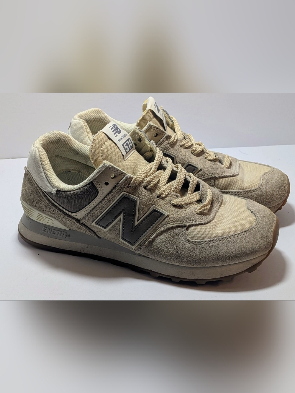 New Balance 574 Women's Size 8 Beige Cream Suede Sneakers Casual Shoes